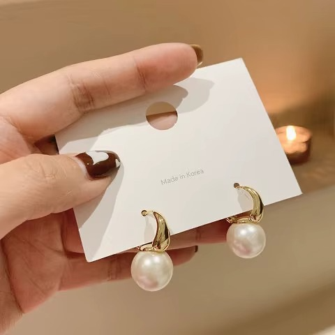 Ethonica Pearl Drop Hoop Earrings, Gold Plated