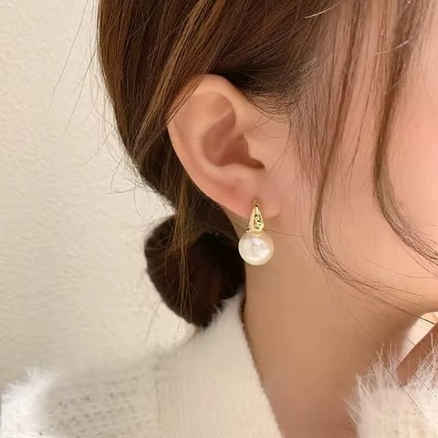Ethonica Pearl Drop Hoop Earrings, Gold Plated