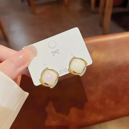 Square Opalescent Stone Stud Earrings with Gold-Tone Frame and Crystal Accents