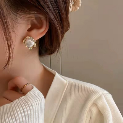 Square Opalescent Stone Stud Earrings with Gold-Tone Frame and Crystal Accents