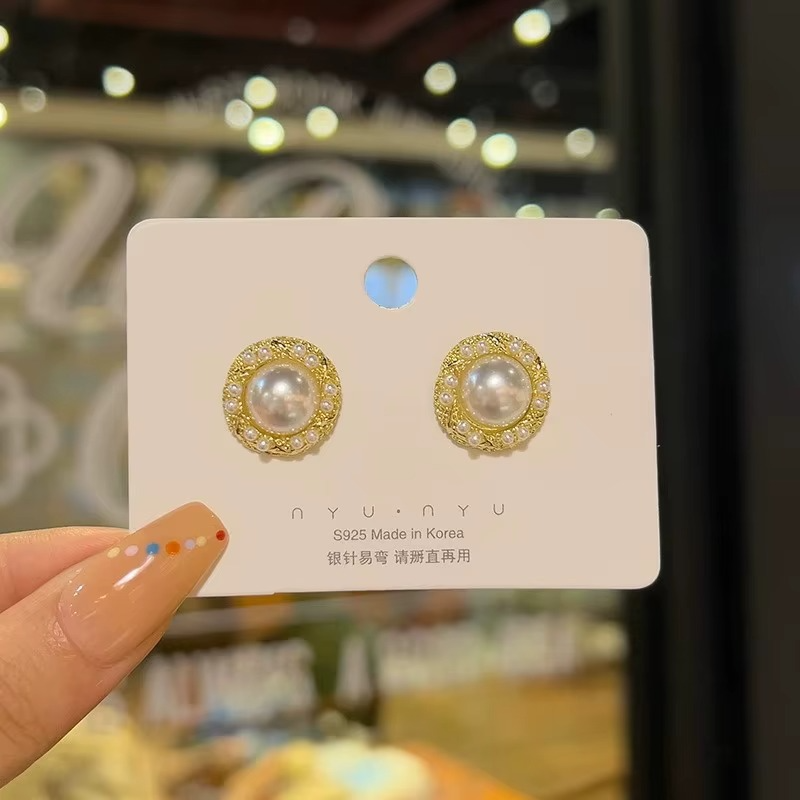 Pearl Stud Earrings, Round Gold-Tone Setting with Mini Pearl Accents