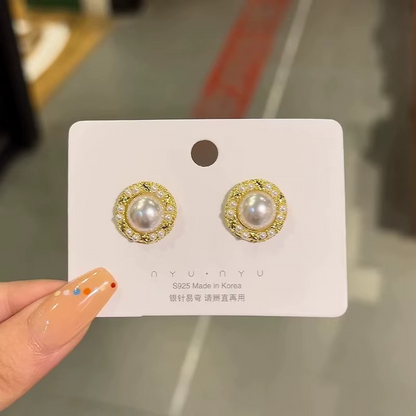 Pearl Stud Earrings, Round Gold-Tone Setting with Mini Pearl Accents