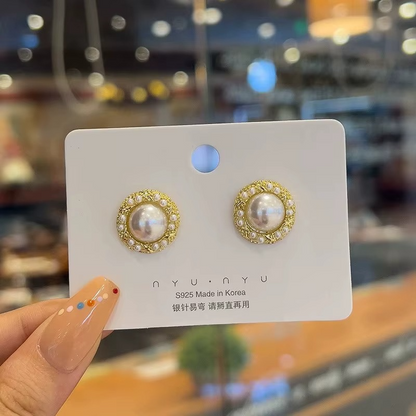Pearl Stud Earrings, Round Gold-Tone Setting with Mini Pearl Accents