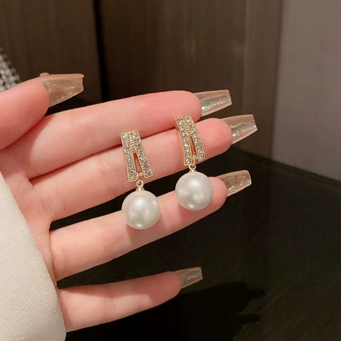 Ethonica Gold Plated Pearl Drop Earrings with Pavé Crystal Rhinestone Bar, Simulated Round White Pearl, Stud Post Closure