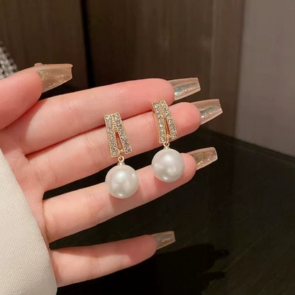 Ethonica Gold Plated Pearl Drop Earrings with Pavé Crystal Rhinestone Bar, Simulated Round White Pearl, Stud Post Closure