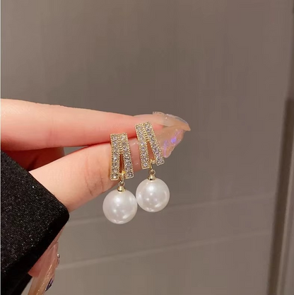 Ethonica Gold Plated Pearl Drop Earrings with Pavé Crystal Rhinestone Bar, Simulated Round White Pearl, Stud Post Closure