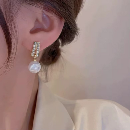 Ethonica Gold Plated Pearl Drop Earrings with Pavé Crystal Rhinestone Bar, Simulated Round White Pearl, Stud Post Closure
