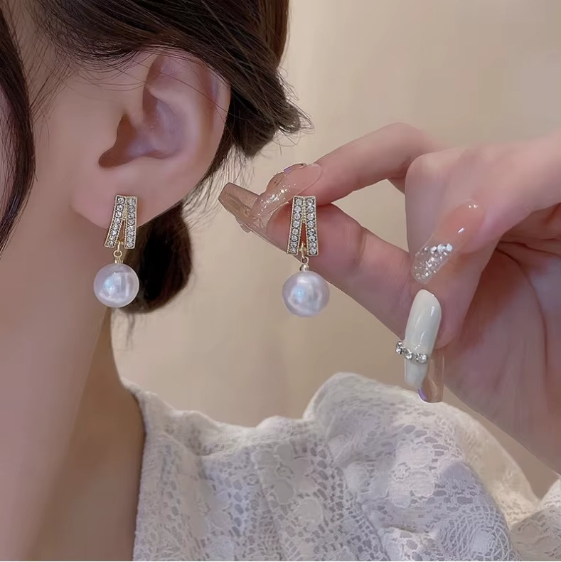 Ethonica Gold Plated Pearl Drop Earrings with Pavé Crystal Rhinestone Bar, Simulated Round White Pearl, Stud Post Closure
