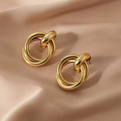 Ethonica Gold-Tone Double Hoop Drop Earrings, Interlinked Ring Dangle Style, Polished Finish
