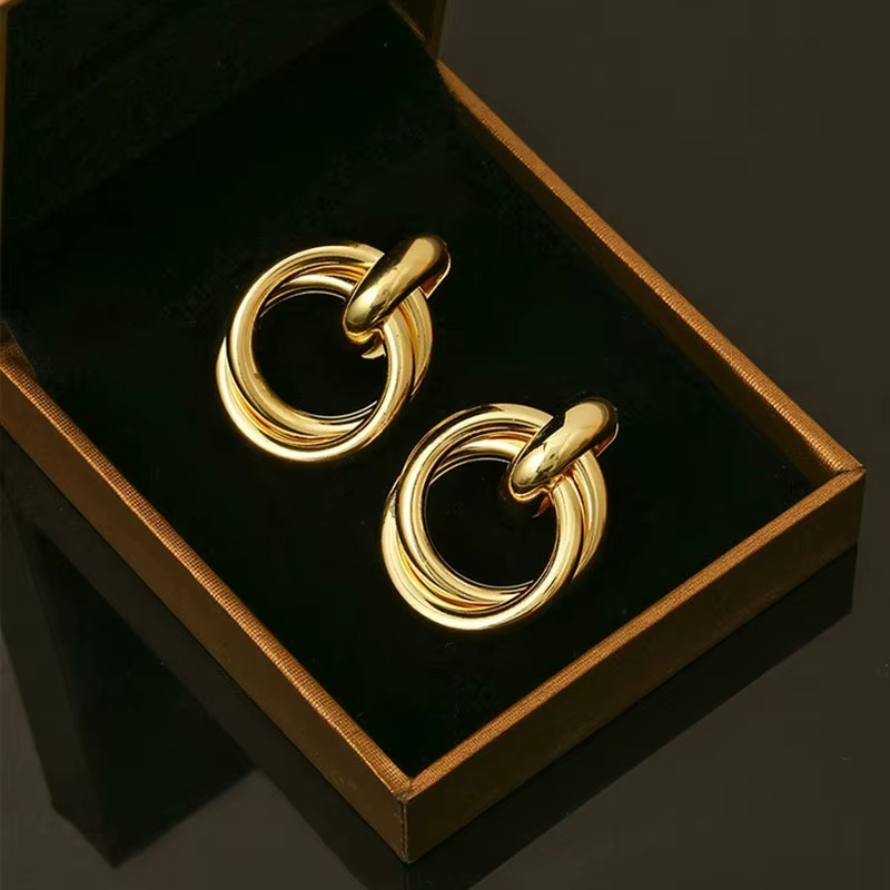 Ethonica Gold-Tone Double Hoop Drop Earrings, Interlinked Ring Dangle Style, Polished Finish