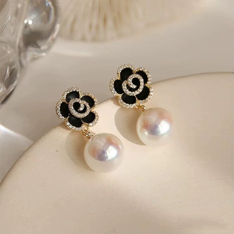 Ethonica black Camellia Flower Crystal Stud Drop Earring with Pearl Pendant, Gold Tone