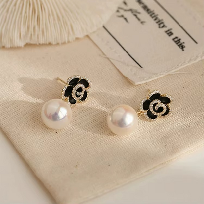 Ethonica black Camellia Flower Crystal Stud Drop Earring with Pearl Pendant, Gold Tone
