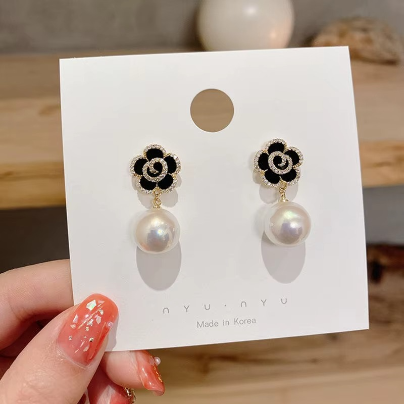 Ethonica black Camellia Flower Crystal Stud Drop Earring with Pearl Pendant, Gold Tone