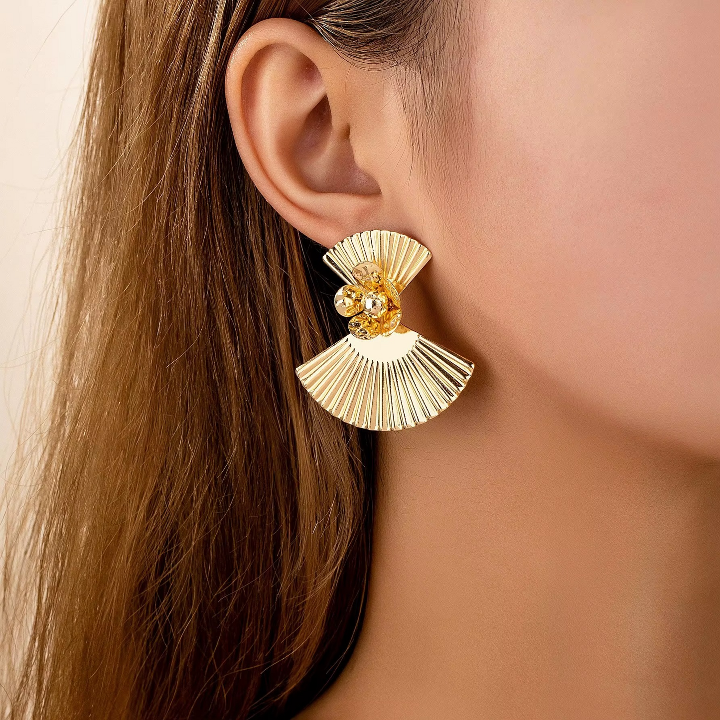 Ethonica Gold Plated Fan-Shaped Stud Earrings