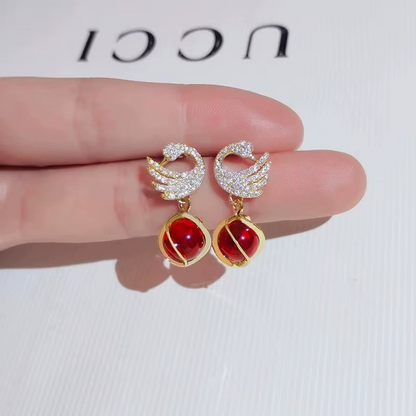 Red Simulated Pearl Drop, Crystal Swan Design