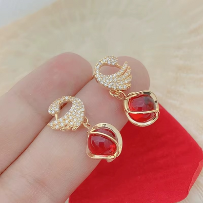 Red Simulated Pearl Drop, Crystal Swan Design