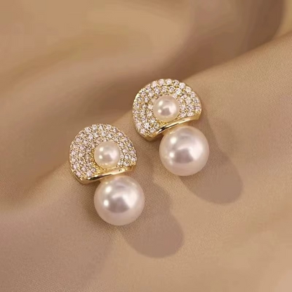 Ethonica Pearl Drop Earring with Crystal Pave Half-Moon Top