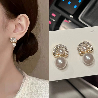 Ethonica Pearl Drop Earring with Crystal Pave Half-Moon Top