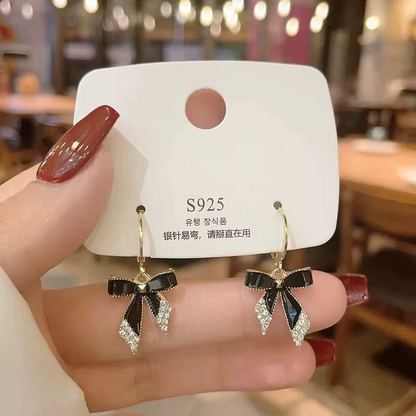 Black Enamel Bow Drop Earrings with Crystal Rhinestone