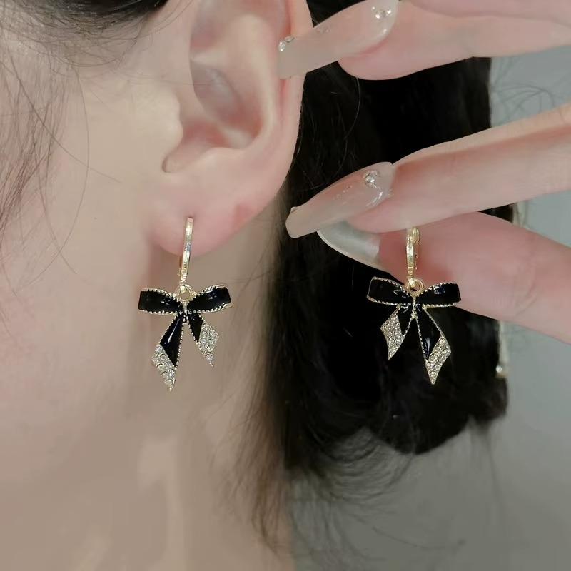 Black Enamel Bow Drop Earrings with Crystal Rhinestone