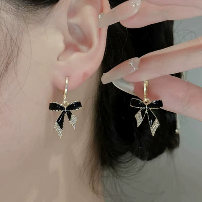 Black Enamel Bow Drop Earrings with Crystal Rhinestone