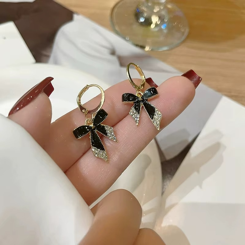 Black Enamel Bow Drop Earrings with Crystal Rhinestone