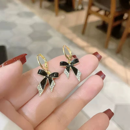 Black Enamel Bow Drop Earrings with Crystal Rhinestone