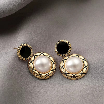 Gold-Tone Pearl Earrings with Black Enamel Stud