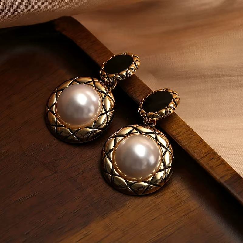Gold-Tone Pearl Earrings with Black Enamel Stud