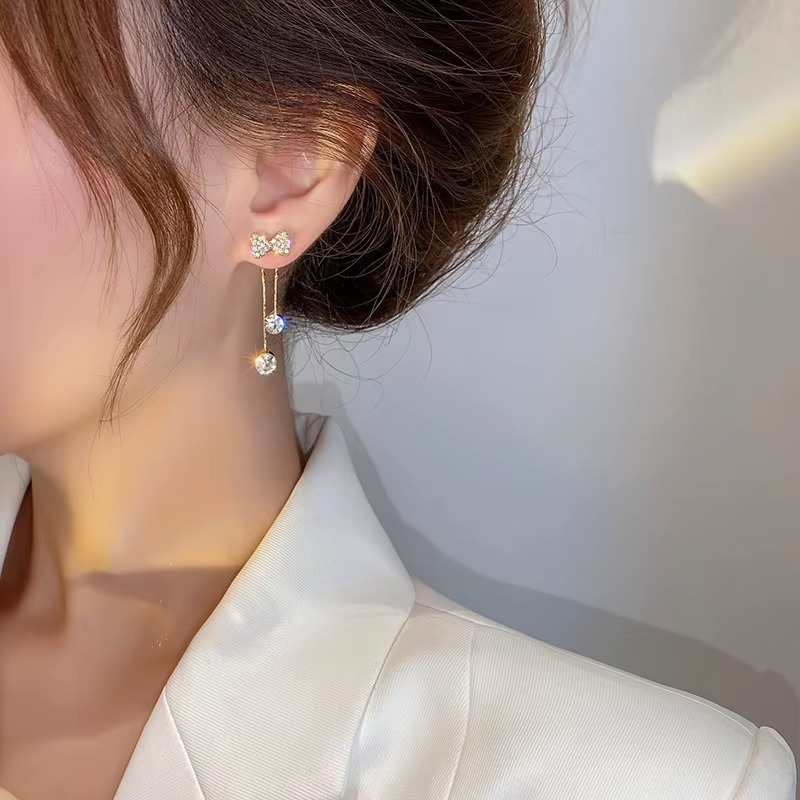 Crystal Rhinestone Bow Stud Drop Earring