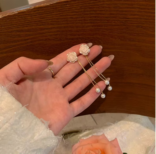 Ethonica Rose Flower Stud Drop Earring, Gold Plated with Simulated Pearl