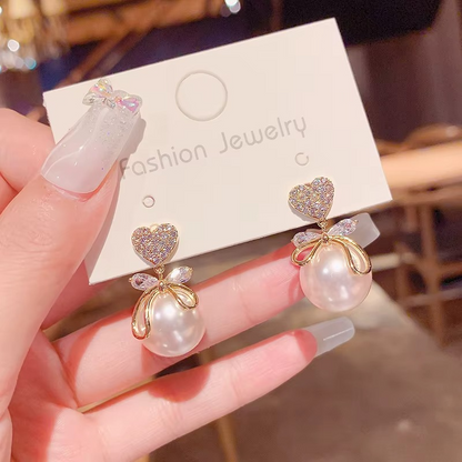 Pearl Earring with Crystal Bow and Heart Stud