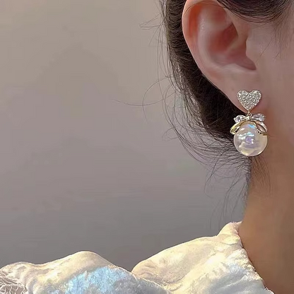 Pearl Earring with Crystal Bow and Heart Stud
