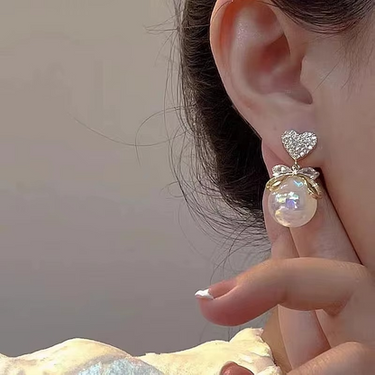 Pearl Earring with Crystal Bow and Heart Stud