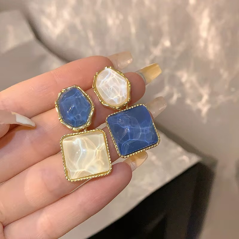 Blue and White Marble Texture Drop Earrings