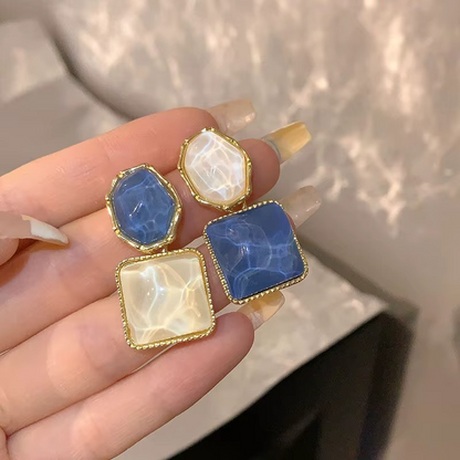 Blue and White Marble Texture Drop Earrings