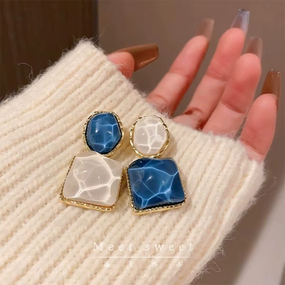 Blue and White Marble Texture Drop Earrings