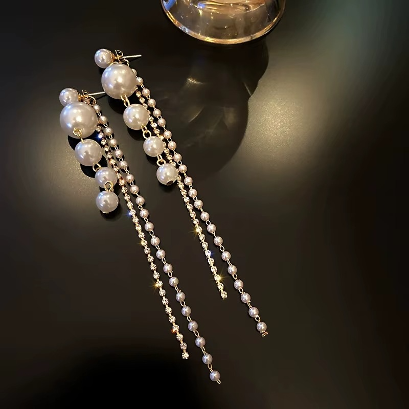 Long Pearl Earrings with Crystal Tassel Chain