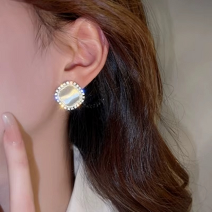 Square Opal Stone Stud Earring with Crystal Rhinestone Halo, Gold-Tone, Elegant Style