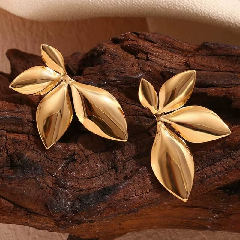 Gold-Toned Floral Leaf Stud Earrings