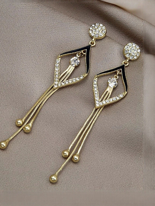 Ethonica Gold-Tone Crystal Rhinestone Tassel Drop Earring, Diamond Shape with Black Enamel