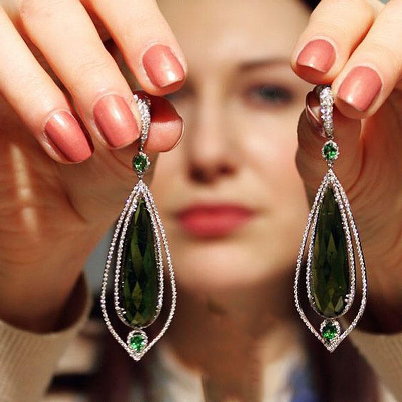Big Geometric Green Emerald Drop Zircon hoop earring