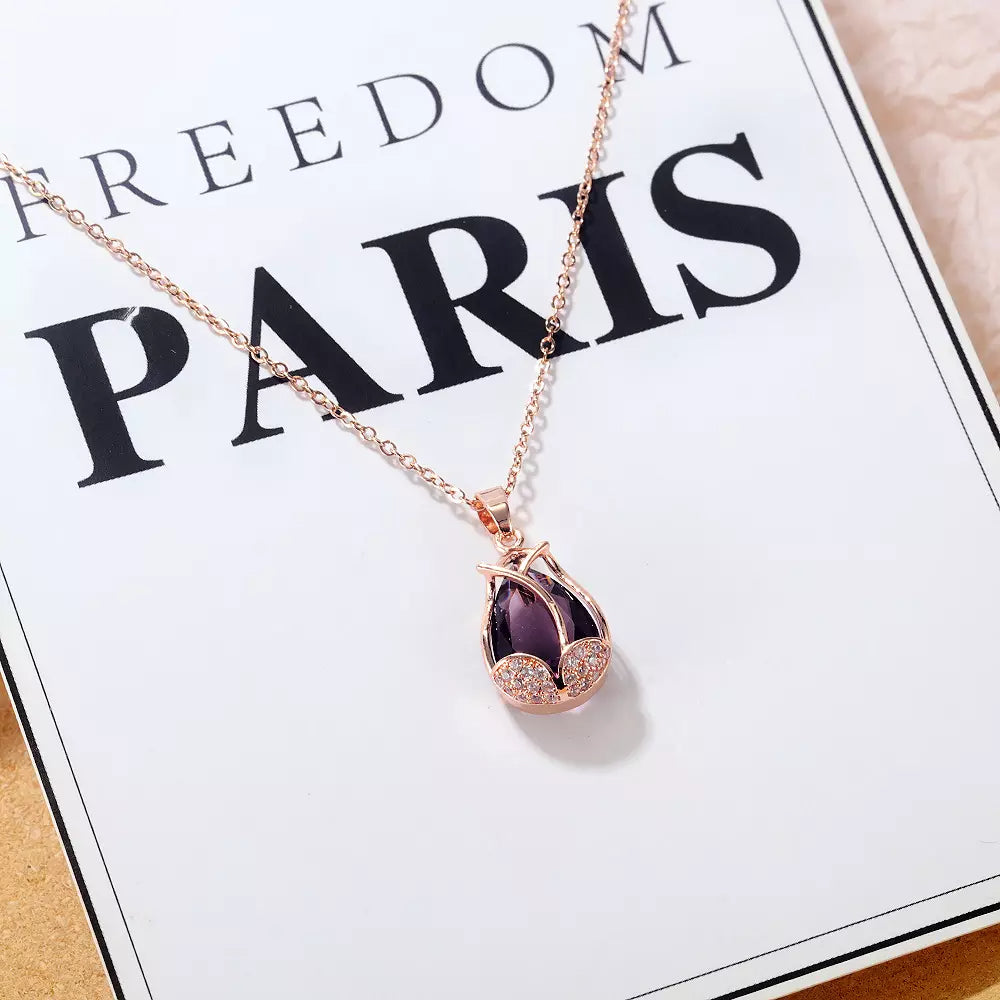 Flower Teardrop Stone Cubic Zirconia Pendant Necklace
