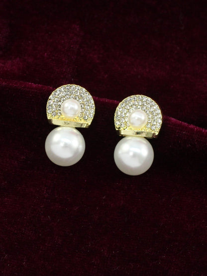 Ethonica Pearl Drop Earring with Crystal Pave Half-Moon Top