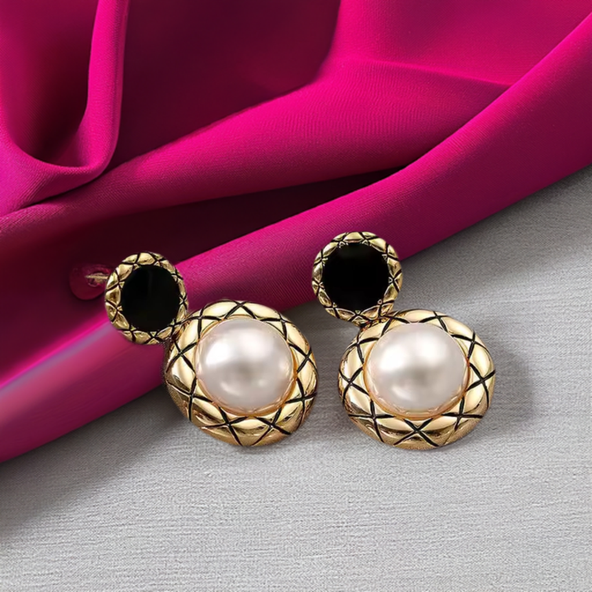 Gold-Tone Pearl Earrings with Black Enamel Stud