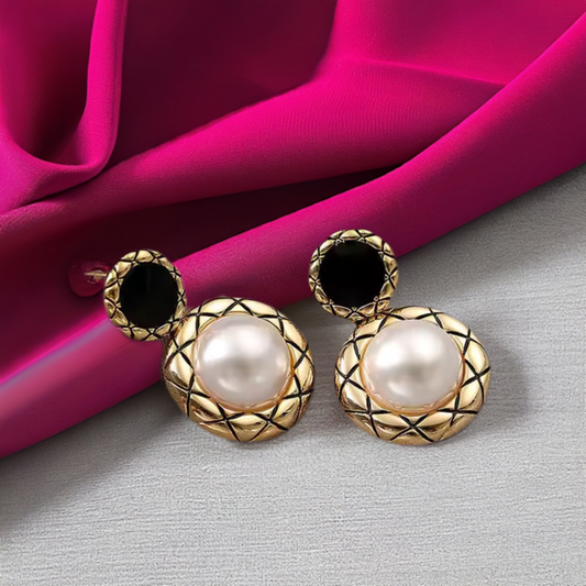 Vintage Gold-Tone Pearl Drop Earrings with Black Enamel Stud, Round Quilted Design, Elegant Statement Jewellery