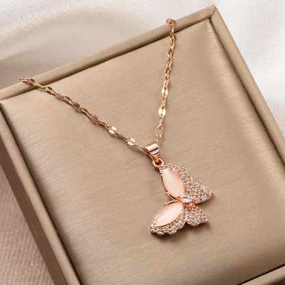 18k Gold Plated Non Tarnish Zircon Diamond Opal Butterfly necklace pendant