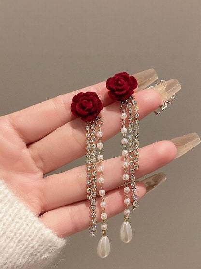 Red Velvet Rose Tassel Drop Earrings with Pearl