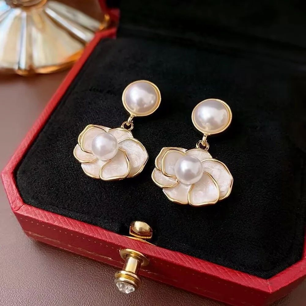 White Camellia Flower Pendant with Gold-Tone Accents