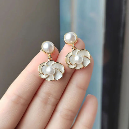 White Camellia Flower Pendant with Gold-Tone Accents